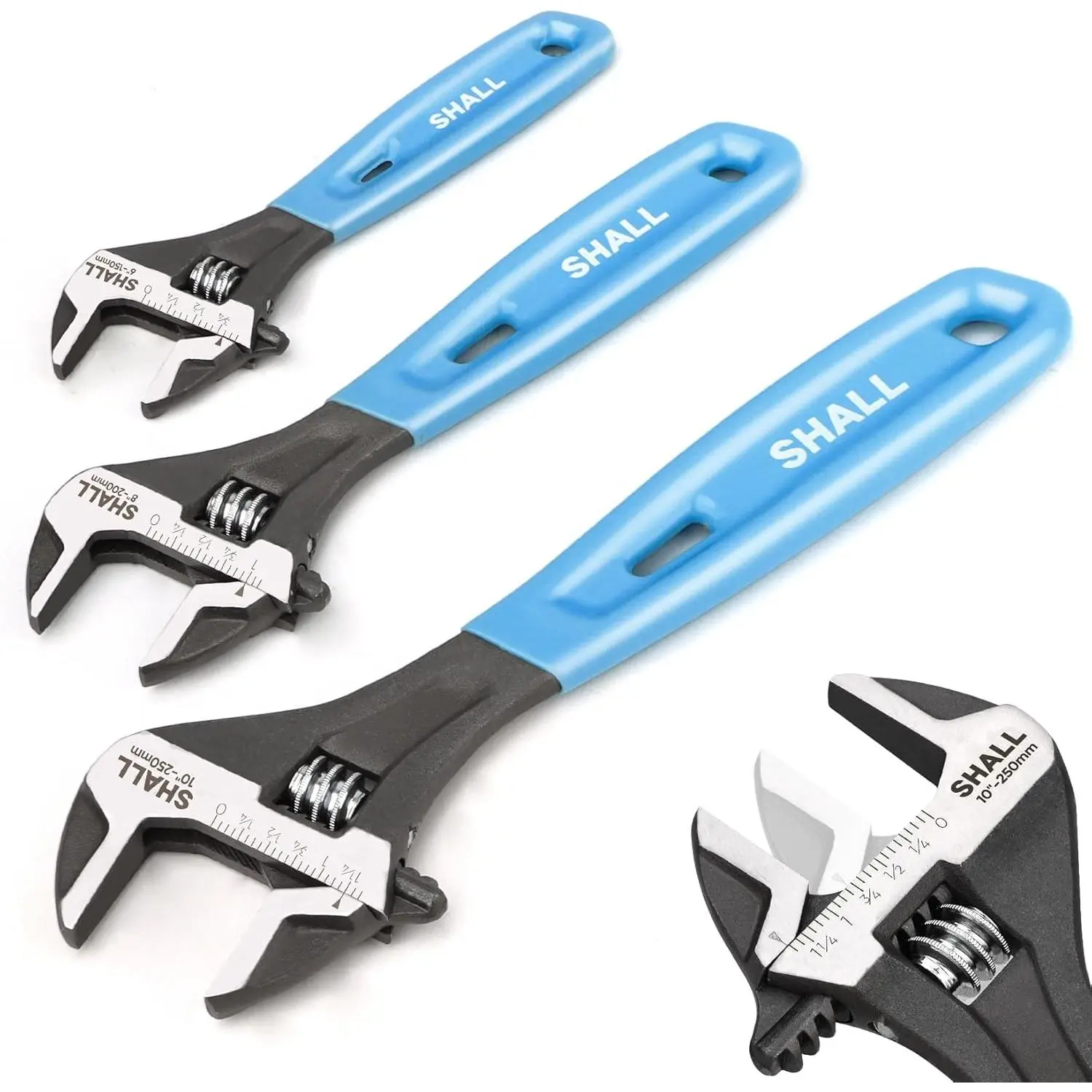 Pretty boy wrench 3-Piece Wrench Set 10/8/6 Inch Cr-V with Cushion Grip Wide Jaw Black Oxide SAE Scales for Home Workshop DIY Tools