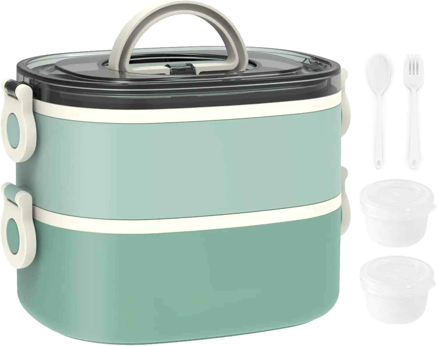 Lunch Box, Stackable 2 Layers Containers, Portable 64OZ Large Capacity Leakproof Bento Box with Spoon & Fork & Sauce Boxes, Microwave Safe Lunch Box for  and Adults