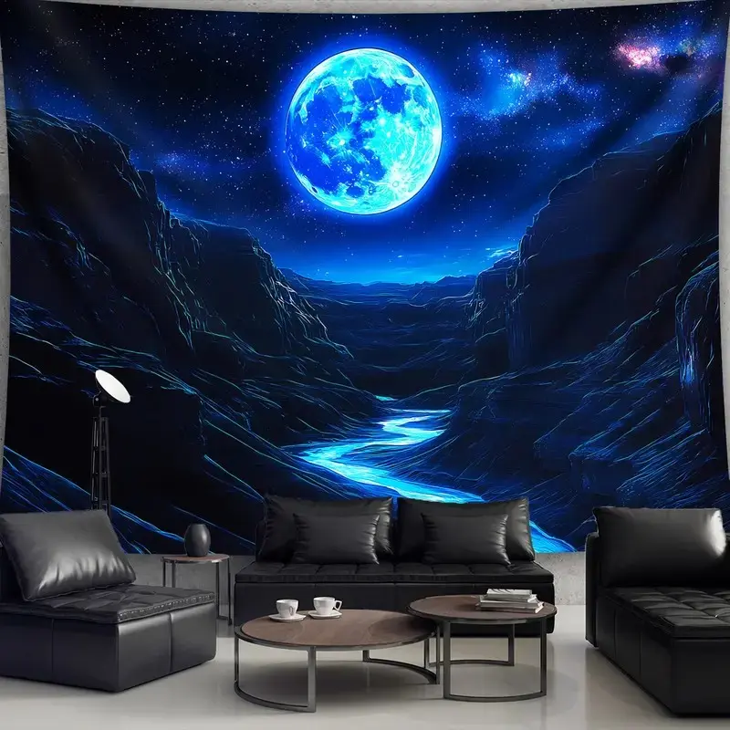Large Retro Classic Polyester Backdrop Tapestry - Dark Night Moon Mountain Peak Print, Industrial Style with Letters, Animals & Geometric Accents, Decorative Figure, French Country Bedroom Dorm Decor, Home Wall Hanging, Birthday Gift with Free Hanger