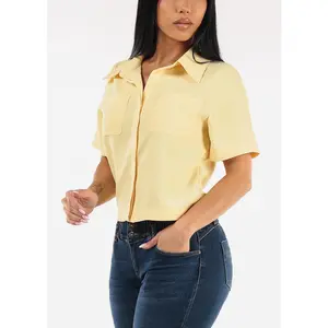 Short Sleeve Button Up Collared Blouse Yellow