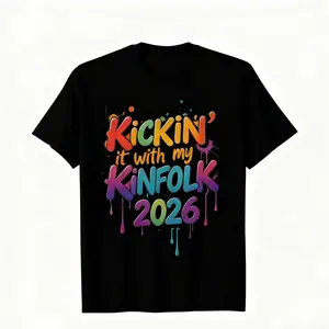 Kickin It with My Kinfolk 2026 Family Reunion T-Shirt - Black with Neon Glow-in-the-Dark Print, Casual Round Neck Tee for Adults, Machine Washable Group Matching Outfits, Vibrant Colors for Night Events & Family  double print  cadena   Vintage Metalcore