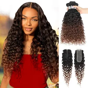 ALHER 12A Ombre 2X6/4x4 Closure With Bundles Water Wave Human Hair, #T1B/2/30 Ombre Brown Wet n Wavy Curly Human Hair 3 Bundles And Ear to Ear 13x4/13x6 Free Part Closure Curly Human Hair 4 Bundles And 4x4 HD Closure