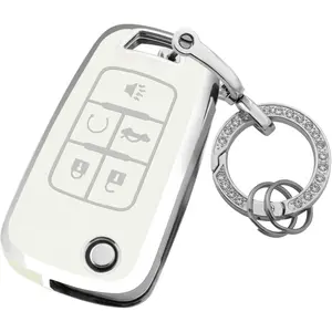 for Chevy Key Fob Cover with Keychain,Premium TPU Full Protection Key Case Shell for Equinox Camaro Cruze Malibu Impala Spark Sonic GMC Buick Terrain Encore Allure Regal (White)