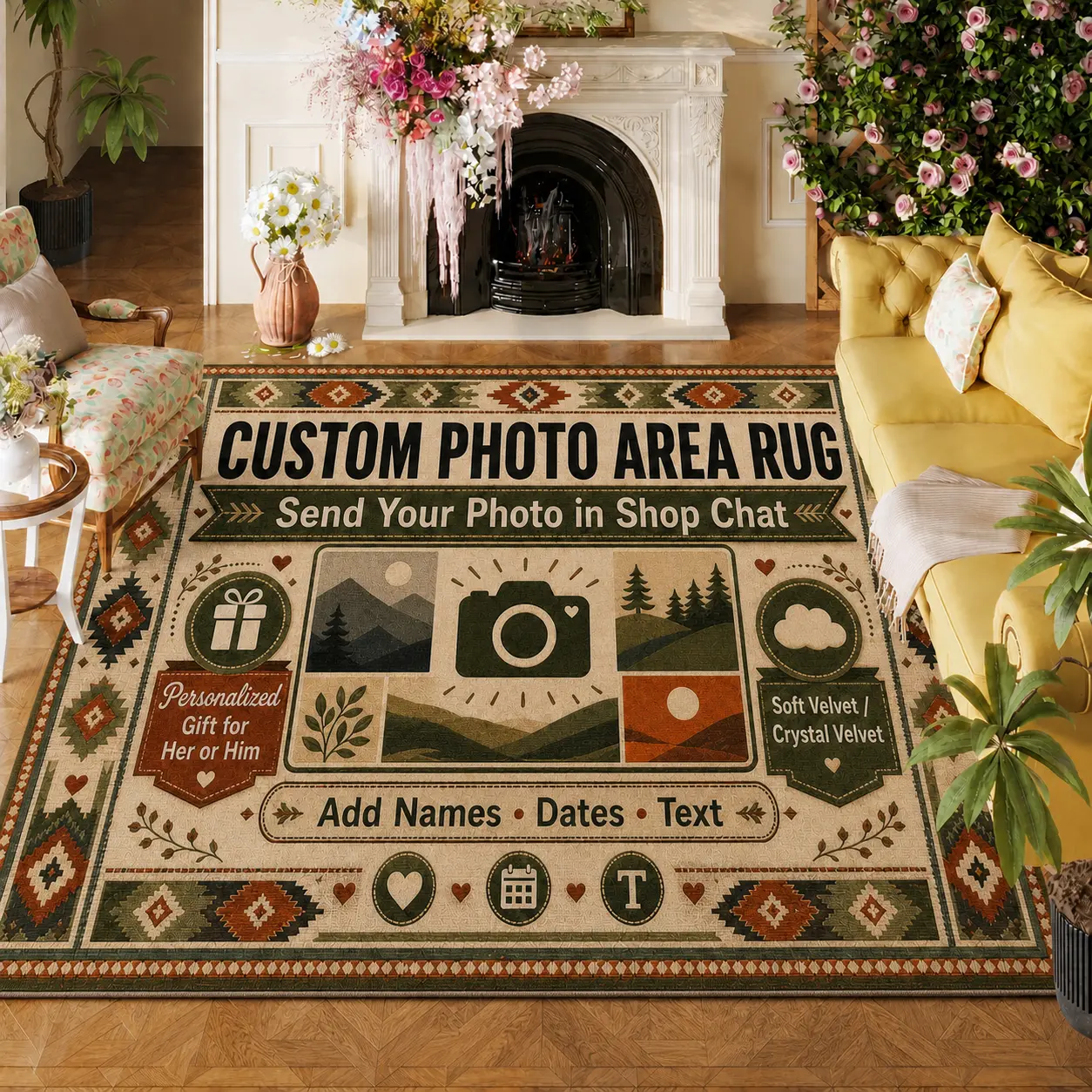 Custom Photo Area Rug, Personalized Picture Rug with Text, Send Photo in Shop Chat, Soft Crystal Velvet Floor Carpet for Living Room Bedroom Nursery, Family Pet Memorial Gift