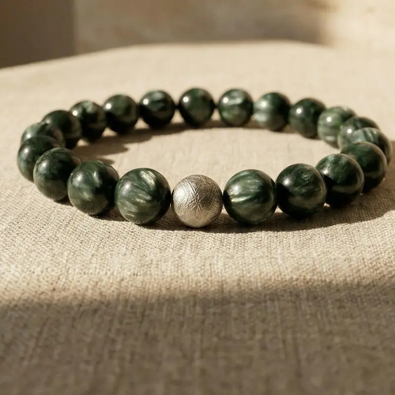 10mm Beaded Bold Sephranite Bracelet with Muonionalusta Meteorite, Rare gemstone Jewelry for Adults, Anchors Cosmic Perspective, Expands Awareness, Strengthens Higher Connection, Unique Variations,Rare Stones Seraphinite Transformative Bracelet