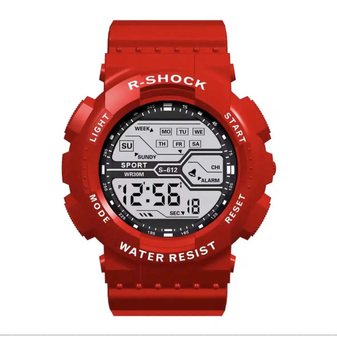 R-SHOCK S-012 Red Sport Watch with Water Resist Feature and Multiple Color Options including Black, Blue, White, and Camo