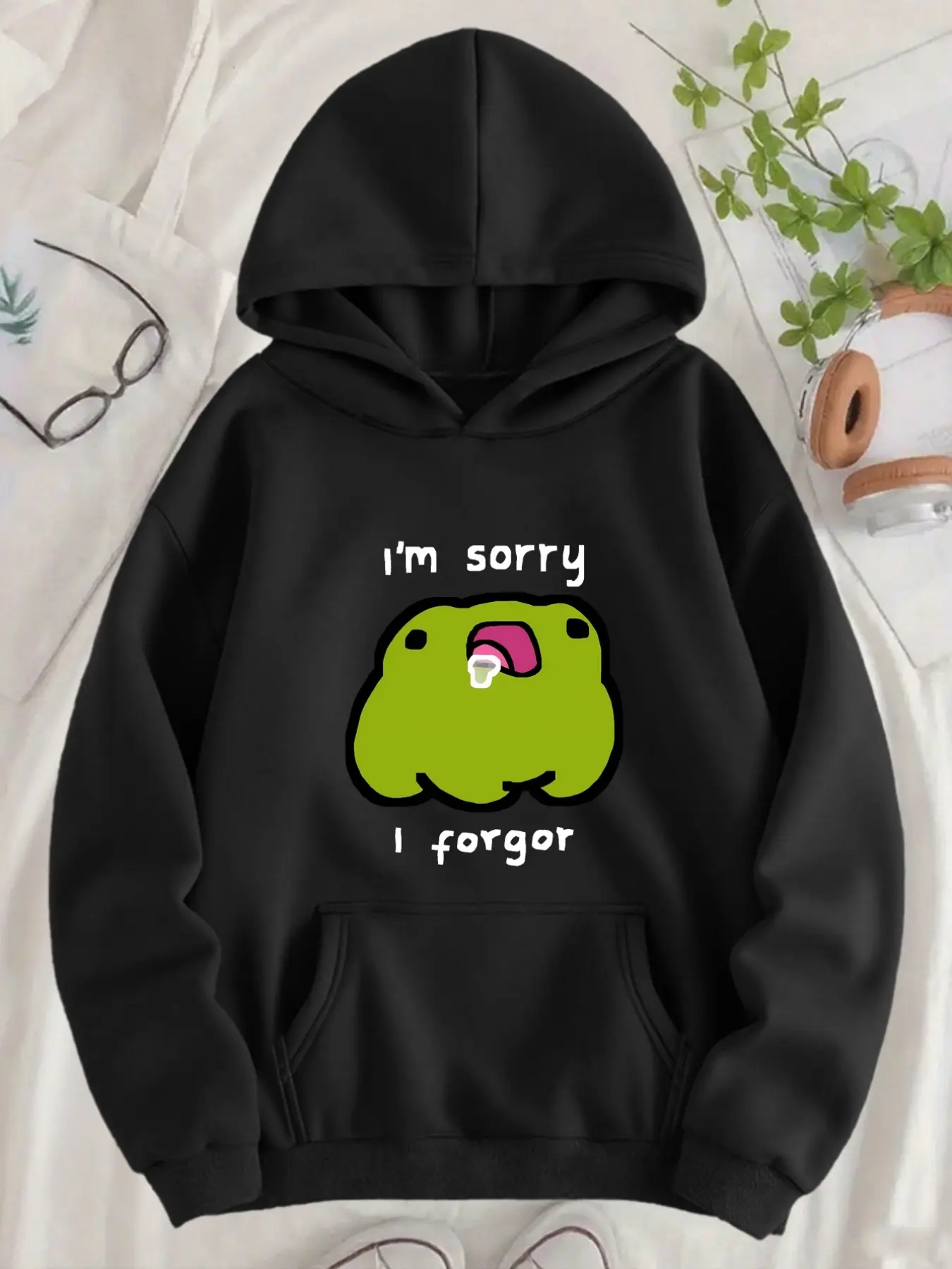 Green Cartoon Frog Pattern with Text "I'm Sorry I Forget" Print Letter Women's Pocket Hoodie with Lining