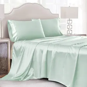 4 Satin Queen Size, Satin Sheet Queen Size, Light Green Satin with 1 Deep Pocket Sheet 1 Flat Sheet 2 Pillowcase