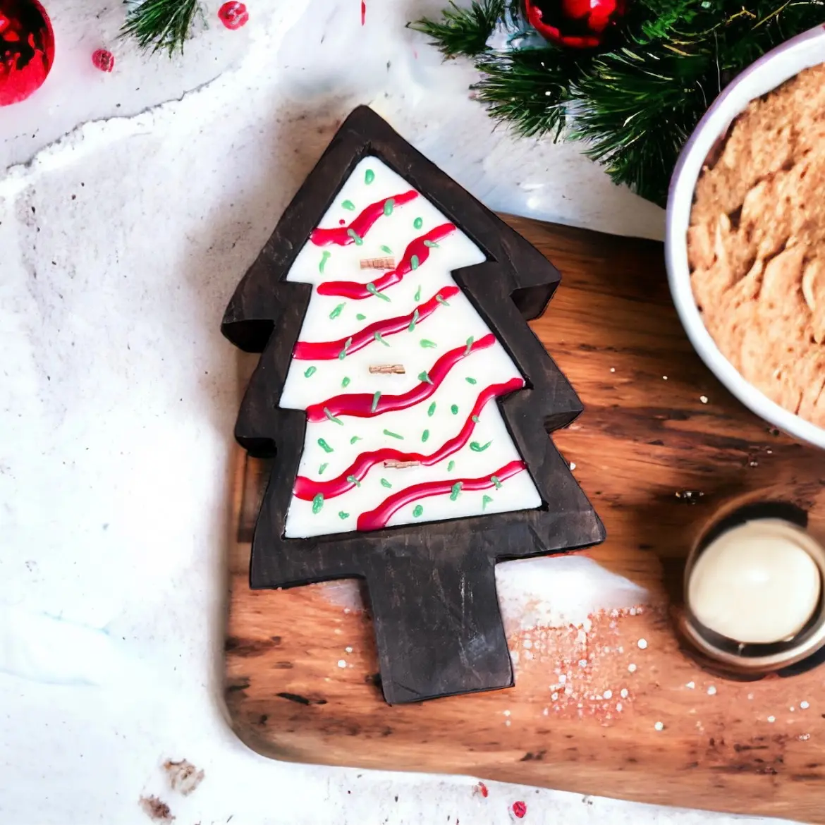 10x6 Cozy Snack Cake Christmas Tree Dough Bowl Candle Decor Wood holiday candle Decoration Scented