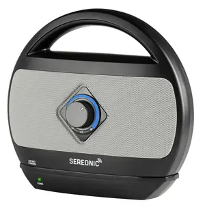 360 Stand Sereonic SRN-BT-300-GY Light Gray Wireless TV Speaker - Bluetooth Audio Device with Adjustable Plug Compatibility, Wired Charging, Handle, Headphone Jack, Earbuds Ready