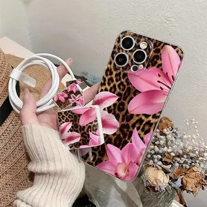5 Piece Set Leopard Print Phone Case, Charger Head Cover, Cable Protector, Storage Rope, Anti-Drop Tpu Shell for iPhone Models