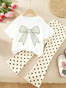 Girls' Polka Dot Print Round Neck Short Sleeve T-Shirt & Elastic Waist Flare Pants Set, Casual Spring Summer, 2 Piece Set, Summer Clothing Set, Matching Outfits Set