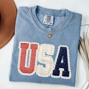 Comfort Colors USA Preppy Coquette Patchwork T-Shirt, 4th of July Tee, America Patchwork Tee, Independence Day Gift, Gift For Her, For Woman
