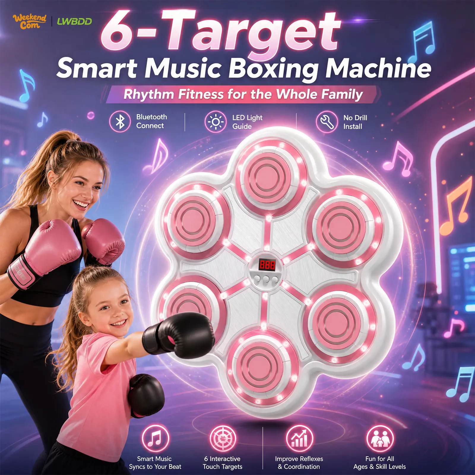 WEEKEND COME Smart Music Boxing Machine - Included Gloves, No-Drill Wall Mount, Height-Adjustable, Bluetooth Music Sync, Colorful LED Lights, Training Sensors, Smart Counting, Home Indoor Workouts, Birthday Holiday Gift