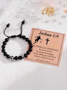 Sports-Inspired Black Braided Bracelet with Charms | Faith-Filled Hexagon Soccer & Baseball Cross | Ideal Gift for Ball Fan Boyfriend