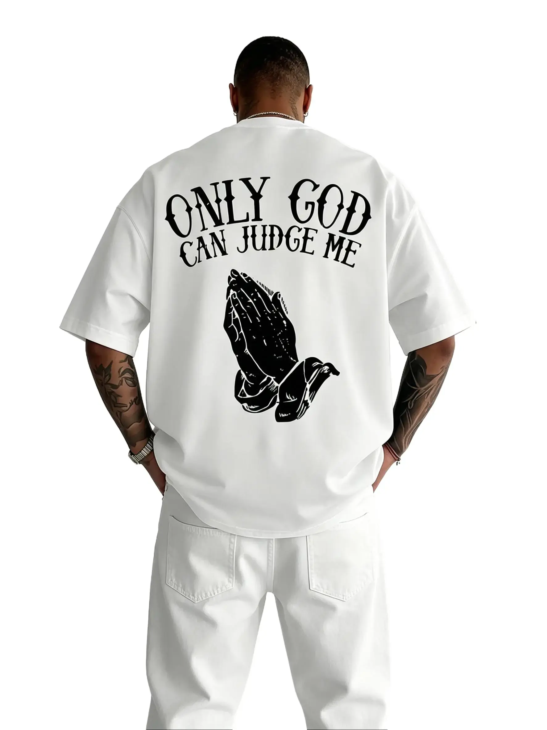 Men's Short-Sleeve Cotton Menswear Streetwear T-Shirt - Back-Only "God Can Judge Me" Prayer Hands Religious Print, Breathable Casual Comfy, Machine-Washable Faith Church Workout Top