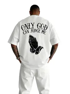 Men's Short-Sleeve Cotton Menswear Streetwear T-Shirt - Back-Only "God Can Judge Me" Prayer Hands Religious Print, Breathable Casual Comfy, Machine-Washable Faith Church Workout Top