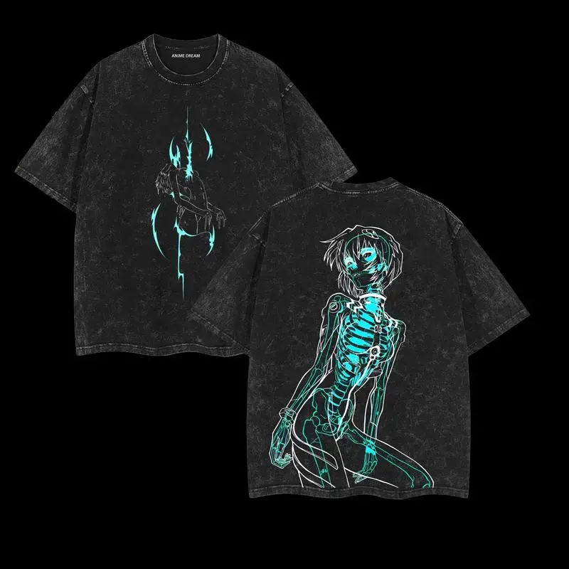 Men's Oversized Streetwear Tshirt with Vintage Anime Figure Print, Heavy Cotton Crew Neck Top with a Distressed Wash, Baggy, Cargo