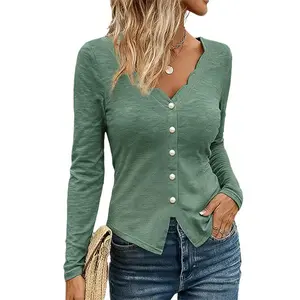 Flamingals Split Hem Pearl Button Scallop V Neck Long Sleeve T-Shirt Casual Chic Classy