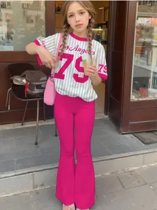 Teen Girls Casual Sports Wear Set, Los Angeles 79 Pattern Printed Striped Short Sleeve Top & Pants Two-Piece Suit