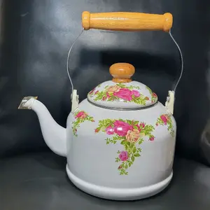 Vintage Royal Albert Old Country Rose White Enamel Kettle Teapot with Wooden Handle and Floral Design Spout Protector