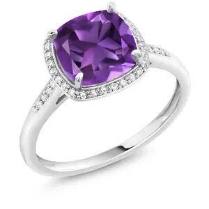 Gem Stone King 2-3 Cttw 10K White Gold Gemstone Birthstone and White Diamonds Halo Engagement Ring for Women | Cushion 8MM | Wedding Anniversary Promise Ring