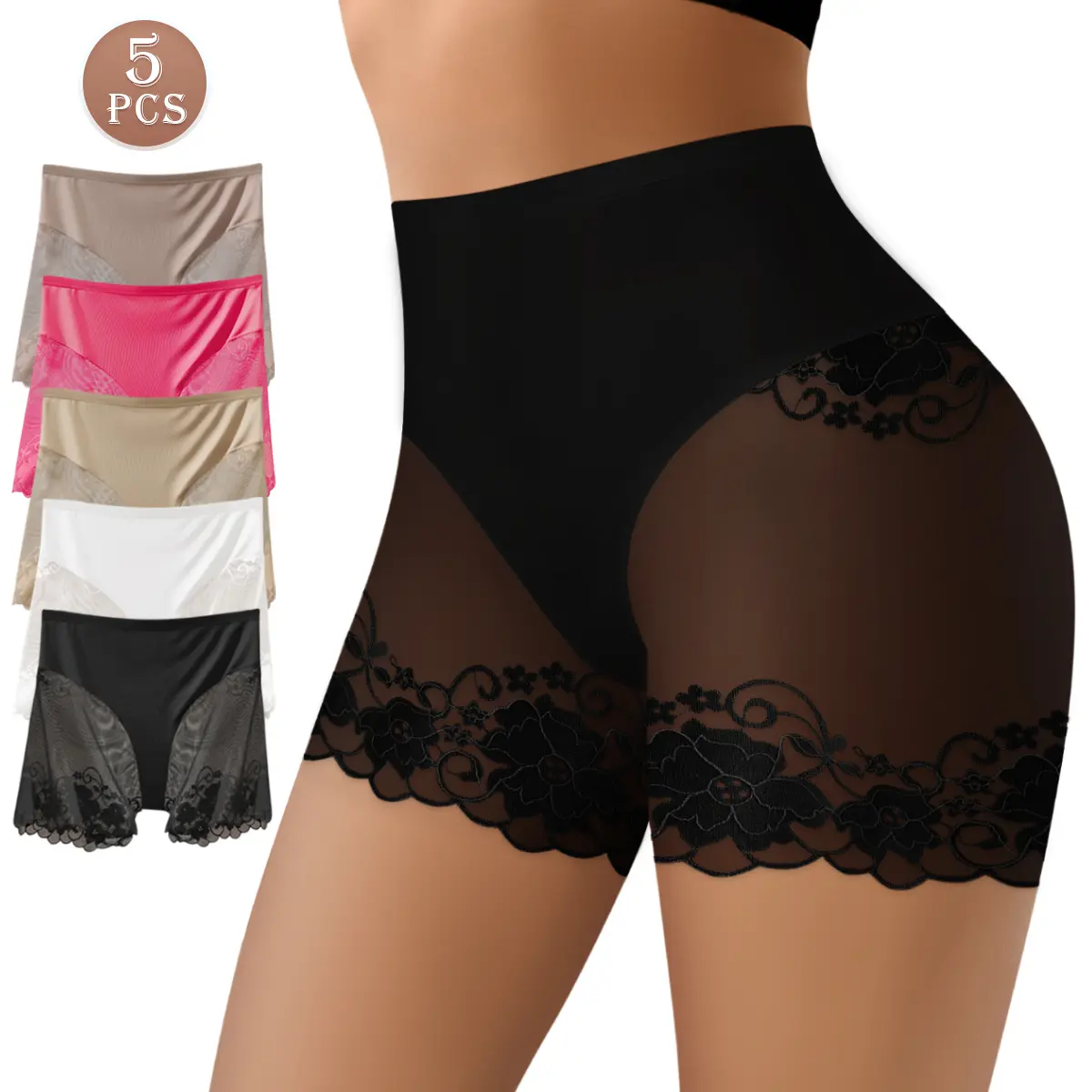 5-Piece High-Waisted Elegant Breathable Lace Women's Boxer Briefs, Mesh Lace, Soft, Elastic and Silky Panty, Super Comfortable Womenswear, Sizes S-XXL