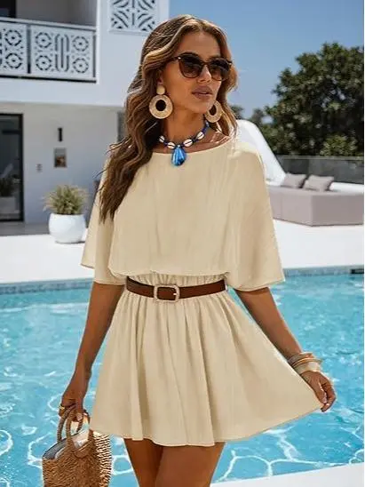 Yousify Women's Off The Shoulder Summer Dress Short Batwing Sleeve Cinched Waist Mini Dress Casual Ruffle A-Line Skirt Suits for Beach Days & Casual Outings - Womenswear, Clothes