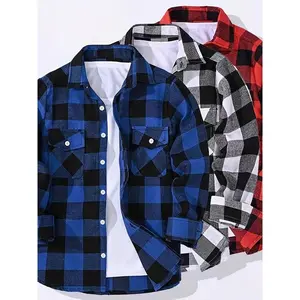 3pcs Men'S Plaid Shirt Set, Long Sleeve Casual Button-Down with Lapel Collar and Chest Pockets, Polyester 100%, Non-Stretch Woven Fabric, Regular Fit for Spring/Fall - Red, Blue & Black Combo Pack