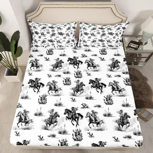 Western Cowboy Kids Fitted Sheet,Cowboy Horse Cactus Rustic Farmhouse Bedding Set,Boys Men Adults Bedroom Decor,Cowboy Hat Country Bed Cover,Black Retro Bed Sheet