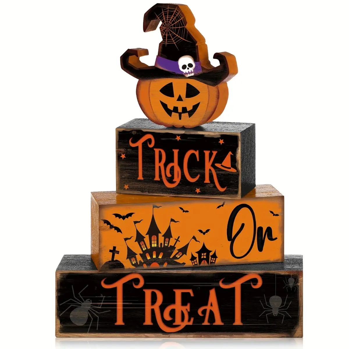 Multi-Piece Bulk Value Pack Halloween Tiered Tray Decor, Cost-Effective Trick or Treat Pumpkin Wooden Sign Set, Creative Autumn Harvest Table Centerpiece Combo for Cafe Shop, Festive Party Commercial Display Props