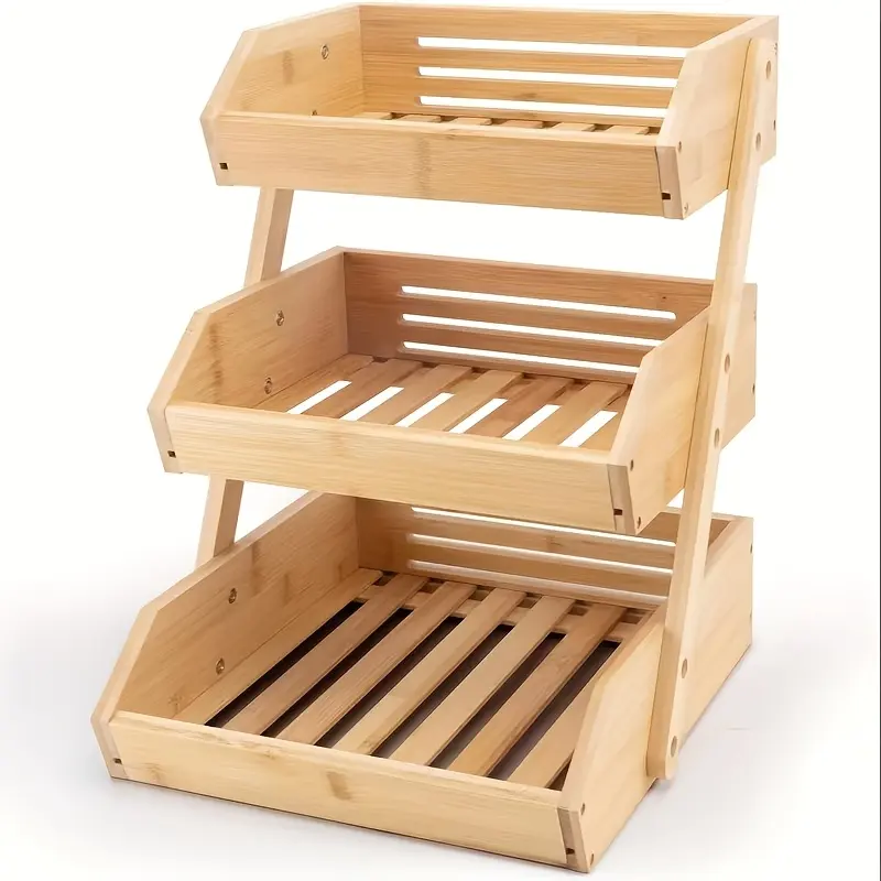 3-Tier or 2-Tier Heavy-Duty Wood Fruit Basket Stand Suitable for - Large Capacity Multi-Level Countertop Shelf with Natural Wood Finish & Open Slat Airflow Design, Pantry Organizer, Bread, Vegetables, Produce