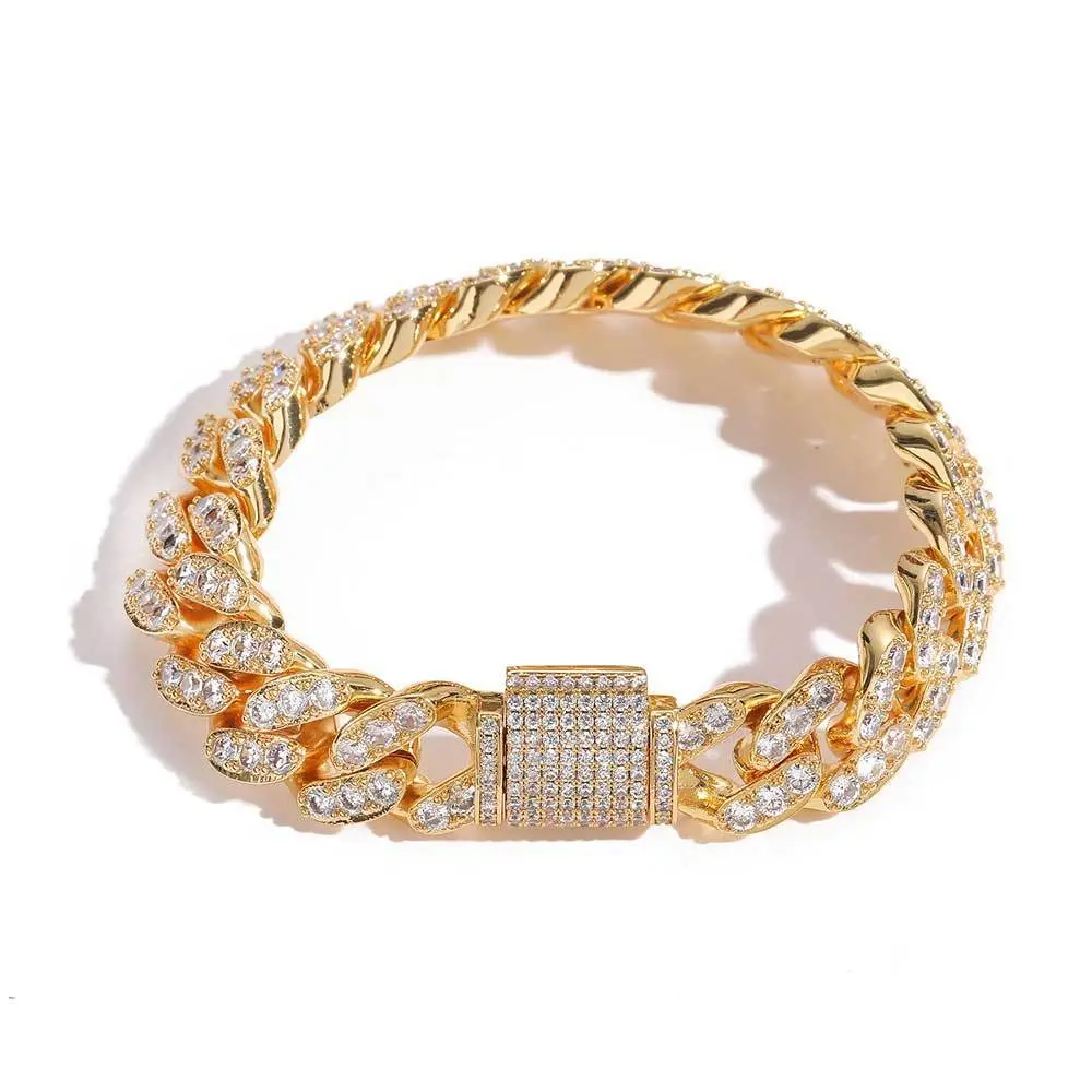 12mm Flip Clasp Single Row Zircon Cuban Link Bracelet for Men, 8 in Hip Hop Trend Jewelry Customizable Accessory