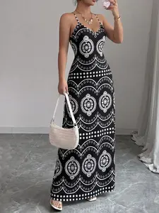 Women's V-Neck Sleeveless Geometric Print Dress, Boho Retro Summer Fashion, Casual Party Wear, Perfect for Daily Outing, Vacation and Beach, Bohemian