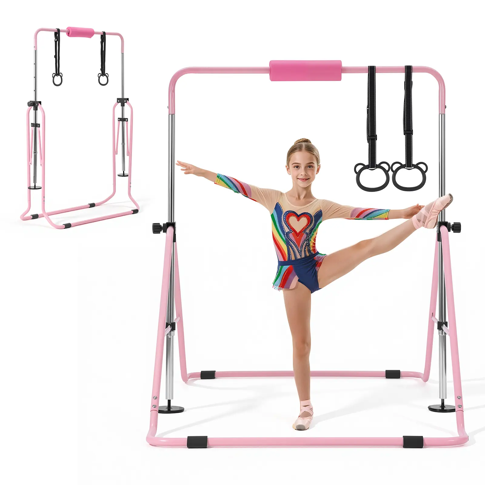 VEVOR Gymnastic Bars for Kids, 140 lbs Capacity Folding Training Kip Bar, Adjustable Height Gymnastic Horizontal Bar for Home, Training Equipment for Indoor and Outdoor, Easy to Assemble, Pink