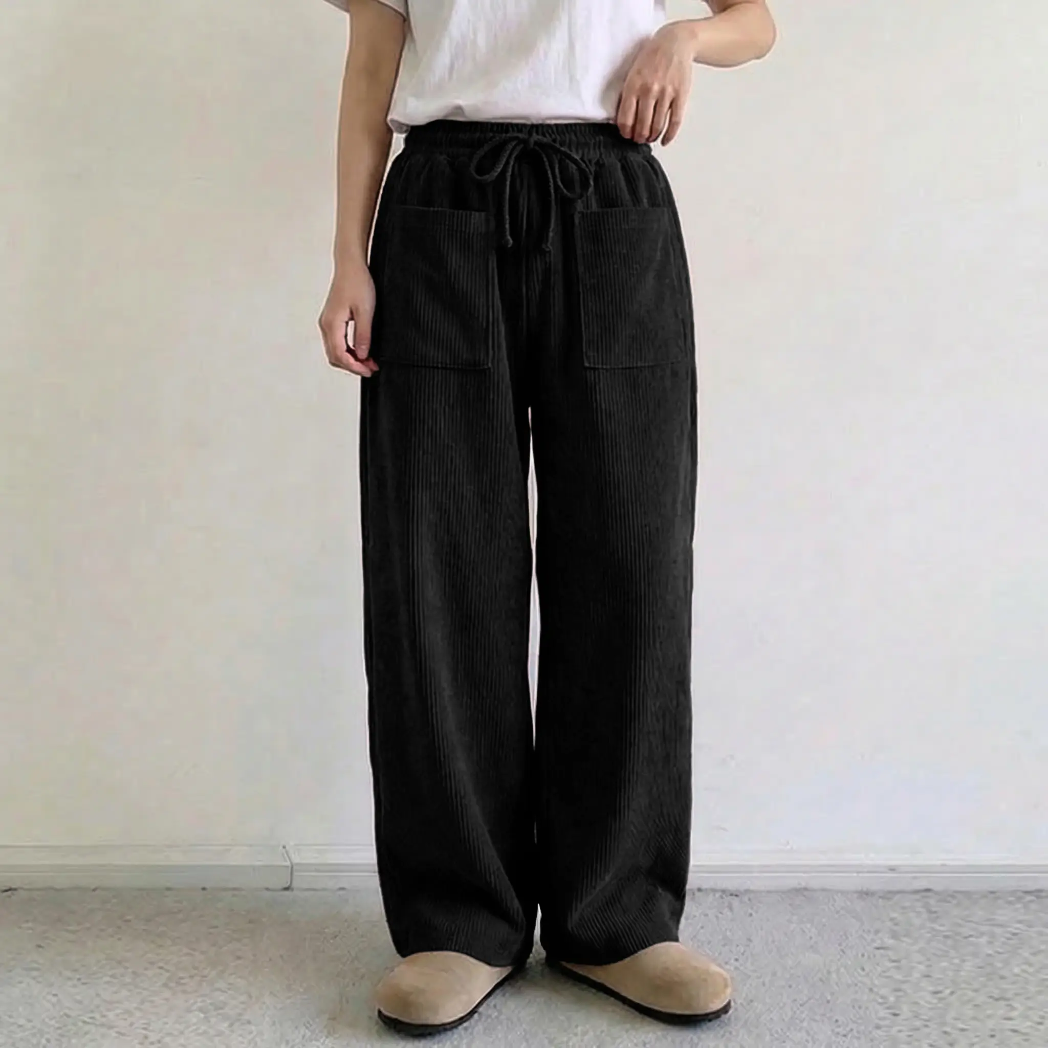 INCERUN Menswear Fashion Men's Pants - Retro Plain Suede-Textured Corduroy Fabric Trousers, Chunky Elastic Waistband, Wide Leg Floor-Fitting Elastic Men's Pants for Casual Spring Wear