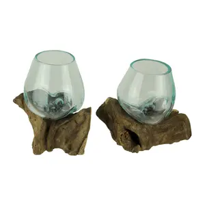 Molten Glass On Teak Driftwood Decorative Bowl Vase Terrarium Planter Set of 2