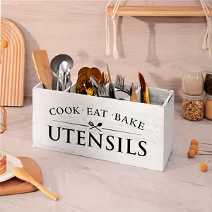 Large Recycled Wood Utensil Organizer Box with Grid Compartments - Tension-Mounted Kitchen & Dining Storage Shelf, Lightweight High-Quality Desktop Utensil Holder for Home Organization, Kitchen Organizer, Farmhouse Charm Decor, Bold Lettering Design, Pain