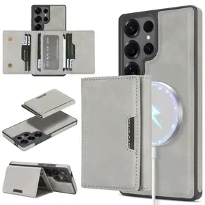 S25 Ultra Magnetic Wallet Case - 3-in-1 Trifold Card Holder & Kickstand, MagSafe Compatible Wireless Charging Slim Cover, Luxury Suede Lining & Leather Side Grip Protection galaxy s26