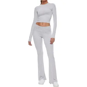 Women's 2 Piece Lounge Sets Fold-over Flare Pants Set Long Sleeve Cropped Top Casual Outfits Pajamas