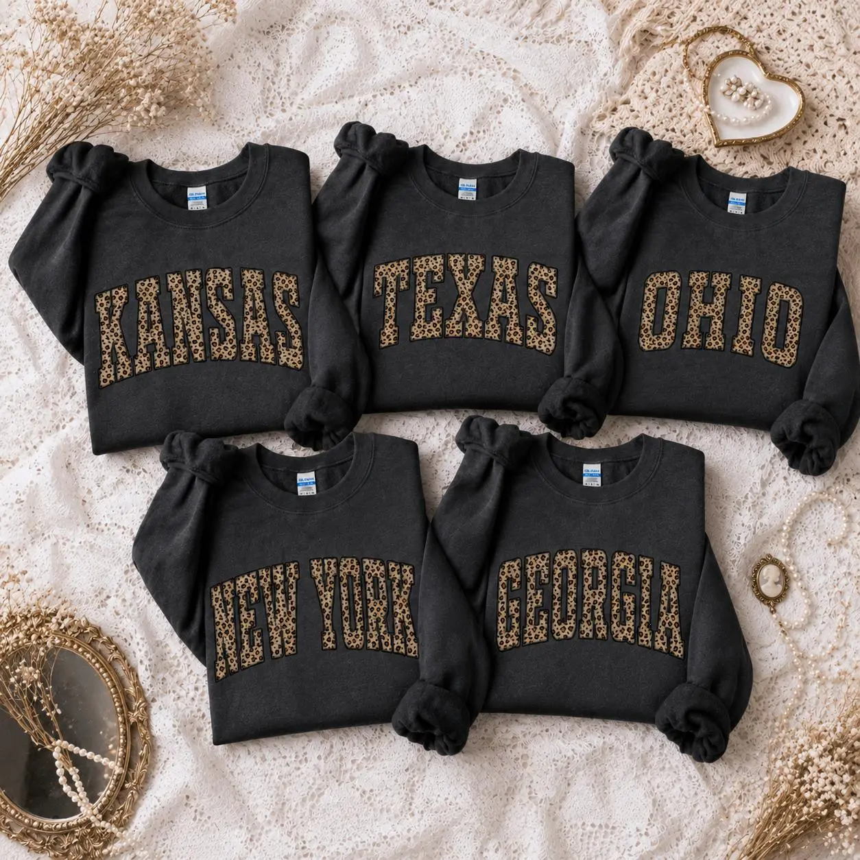 Custom 50 State Leopard Print Sweatshirt, Custom Football College Crewneck Sweater, Vintage College Letter Shirt, Family Matching Gift, Unisex Pullover, Game Day Gift