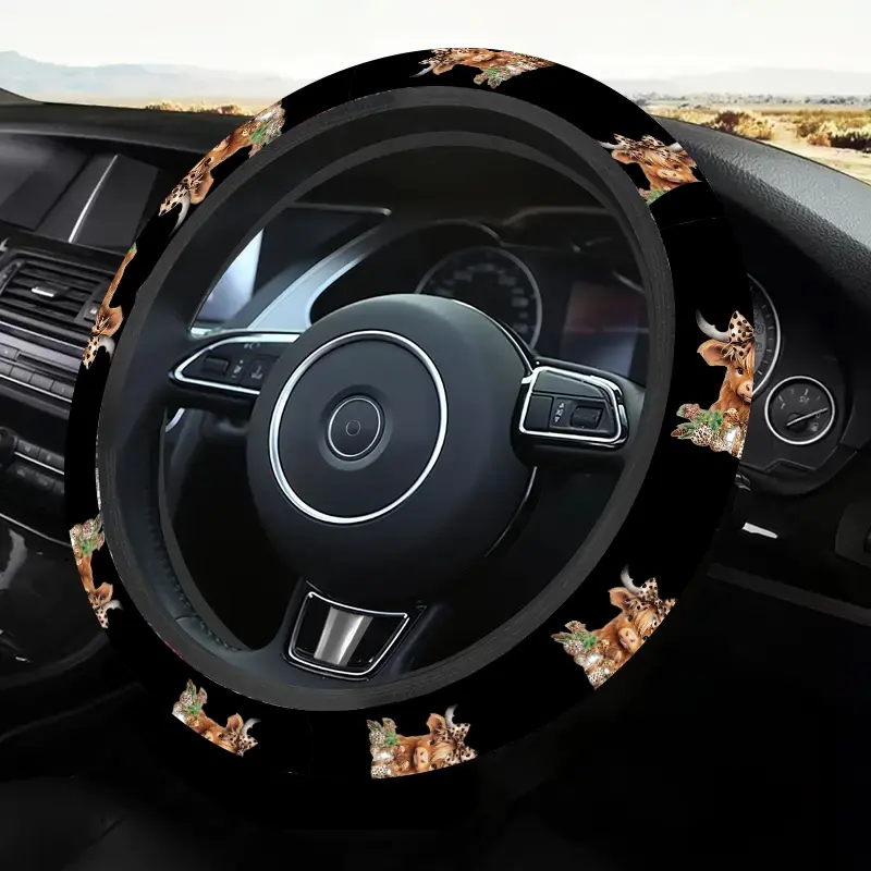 1pc 1.6 x 15 inch Highland cattle Pattern Western Cow Print steering wheel cover, Automotive, non-slip and comfortable, car interior accessory, no inner ring, easy to install and remove, suitable for all car models, holiday gift, 1223CYJ
