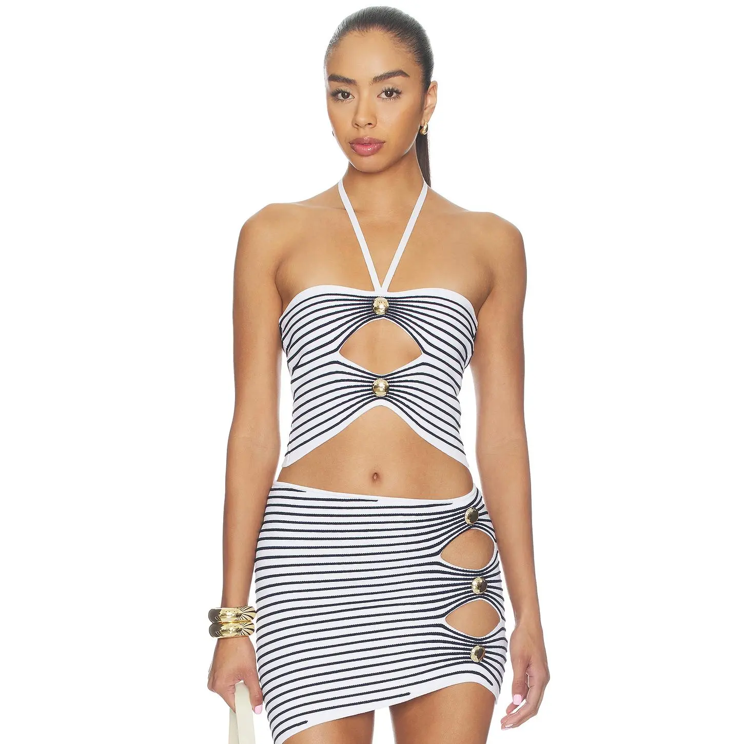 retrofete Brea Knit Top in White & Metallic Navy