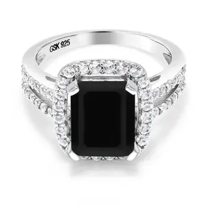 3.75 Cttw Black Onyx Engagement Ring For Women | 925 Sterling Silver | Emerald Cut 10X8MM | Gemstone Birthstone | Wedding Engagement Anniversary Promise Ring For Women