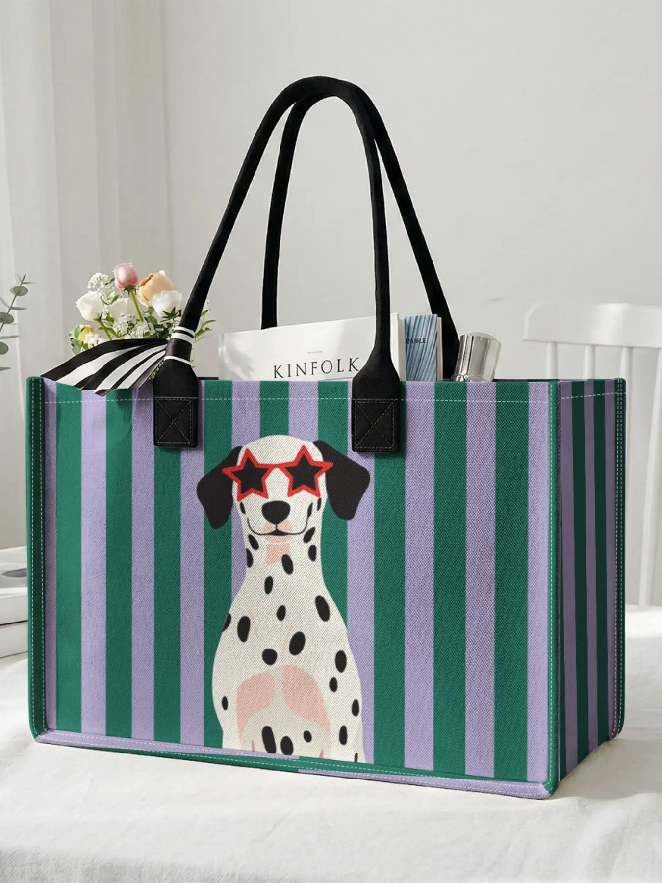 1 piece of 2D printed large capacity storage bag with dalmatian pattern, sturdy handle, space-saving multi-purpose, suitable for use at school, on business trips, and shopping, Shopping Bag, Tote Bag, Storage Totes