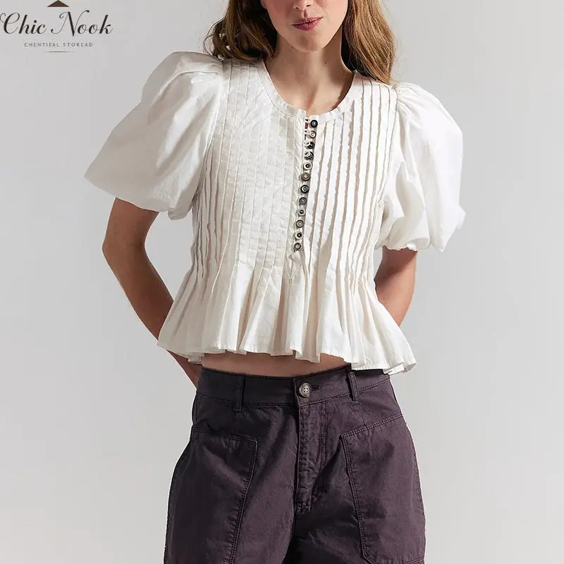 Women's Summer Short Ruffled Lantern Sleeve Tops Loose Fit Button Down Shirt Babydoll Tops Trendy Clothes