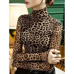 Women's Leopard Print Turtleneck T-Shirt Graphic Cheetah Print Tees Women Tops Fall Cloth For Women Long Sleeve Blouses