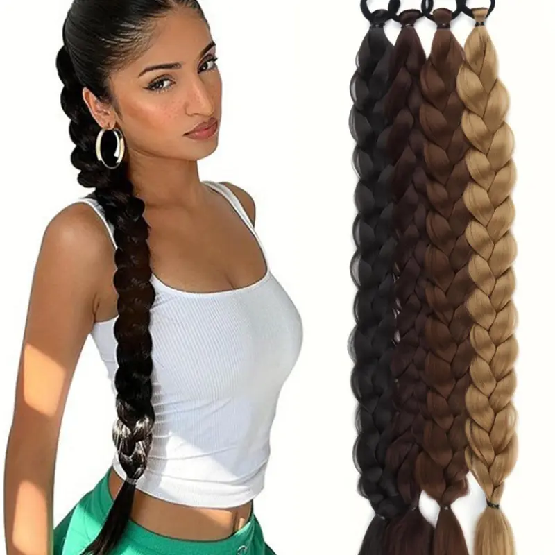 24 Inch Long Braided Ponytail Extension with Hair Tie, Synthetic Extensions, Synthetic Hair Wig, Natural Looking Fluffy Straight Wrap with Synthetic Braids Ponytail Extension, Synthetic Hair Piece for Women