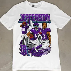 Justin Jefferson Graphic Tee, Menswear Crew Neck Football Streetwear T-Shirt, Unisex Casual Regular Fit Cotton Tops, Good Vintage Hip-Hop Bold Retro Apparel, Men Round Neck Y2K Sports Tees