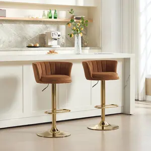 Set of 2 Bar Stools, with Chrome Footrest and Base Swivel Height Adjustable Mechanical Lifting Velvet + Golden Leg Simple Bar Stool-Orange